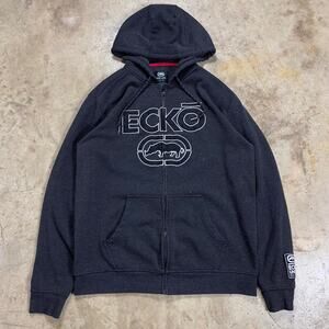 Y2K Ecko Embroidered Zip-Up Black Streetwear Hoodie